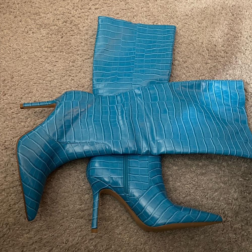 Public Desire x KENZA Blue crocodile print knee-high boots.